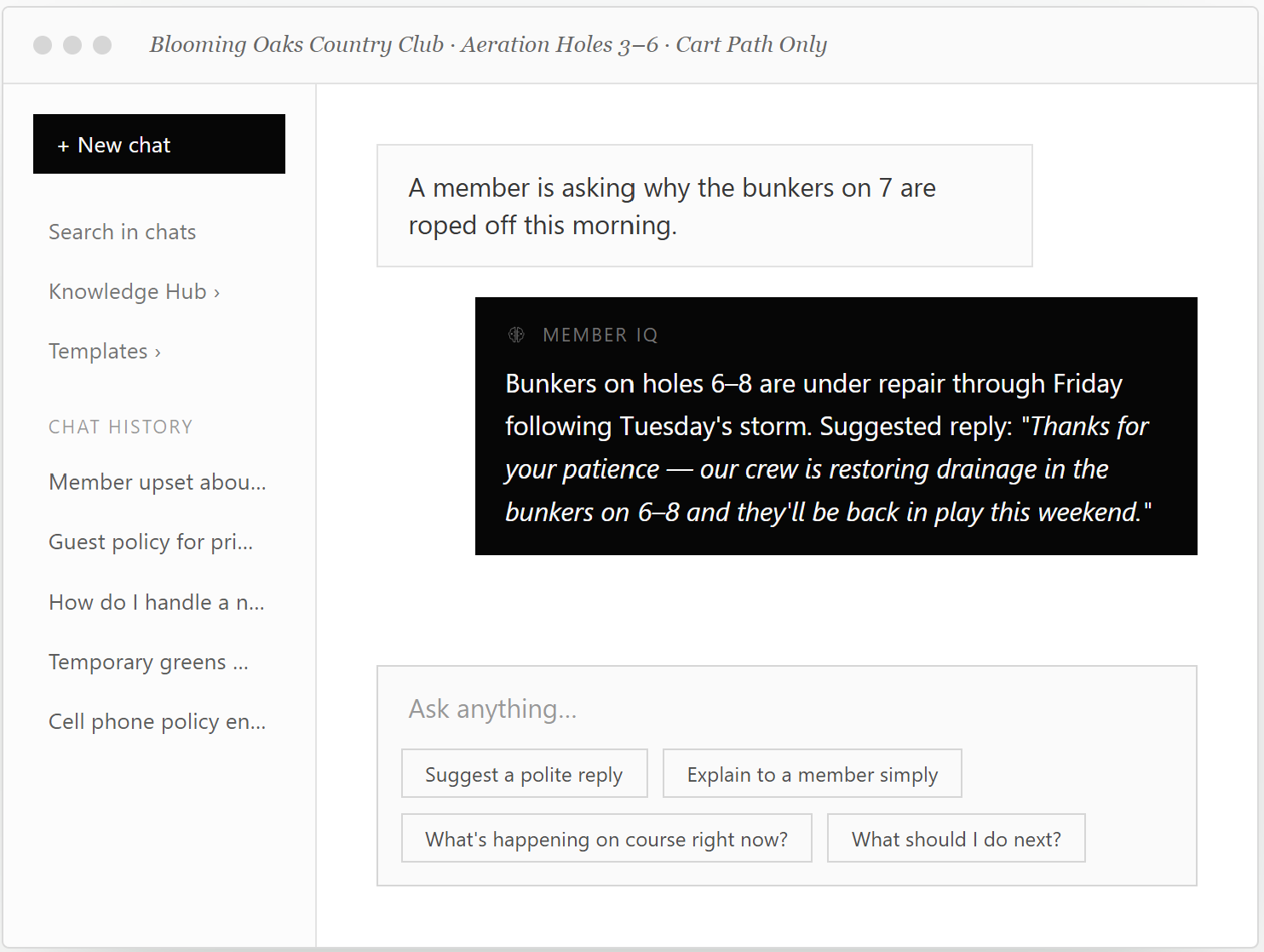 Atlas™ chat interface showing a member question and an AI suggested reply about bunker repairs