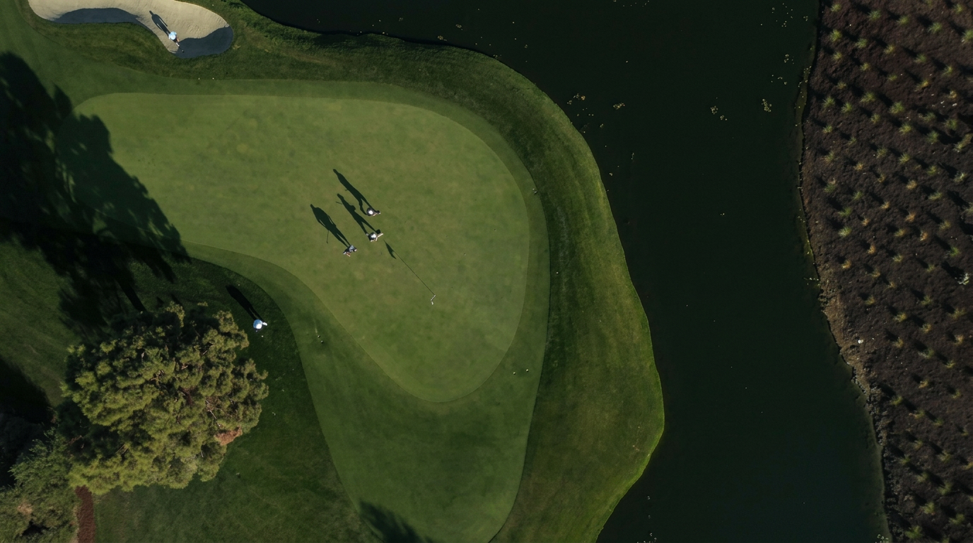 Aerial view of a golf course green at sunrise